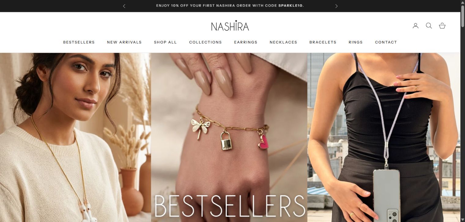 Nashira Shopify home page with jewellery collections and campaign photography