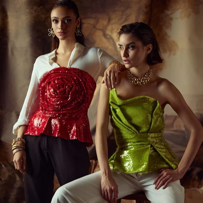 Nashira gold jewellery worn with lime and red clothing